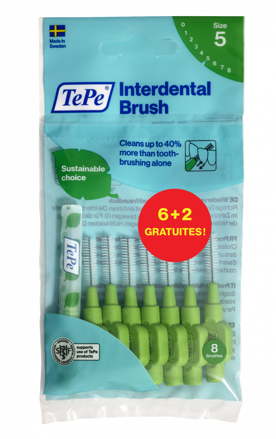 Brossettes interdentaires originales vert taille 5 (0.8mm) TePe - 6 brossettes + 2 gratuites