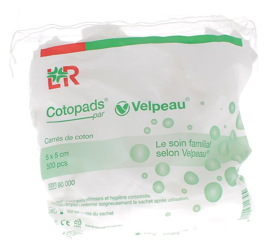 Carré de coton cotopads 5x5 cm, sachet de 500 cotons