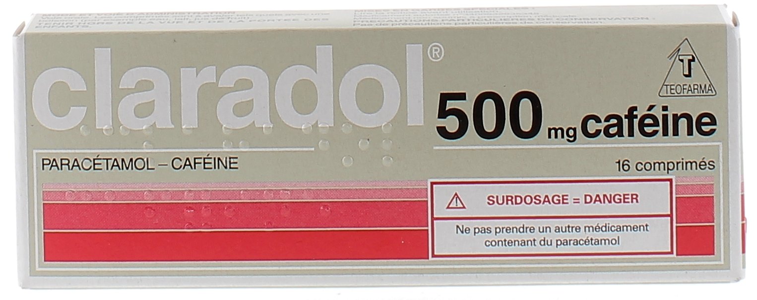 Claradol Paracétamol Caféine 500mg Teofarma - boîte 16 comprimés