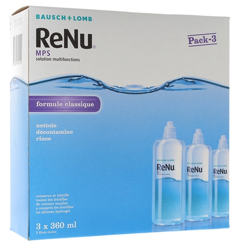 ReNu MPS Solution multifonctions formule classique Bausch Lomb - lot de 3 flacons de 360 ml + 3 étuis à lentilles