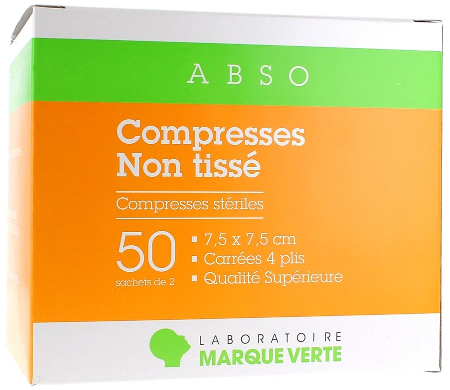Compresses stériles non tissé Marque Verte - boîte de 50 sachets de 2 compresses de 7,5x7,5cm