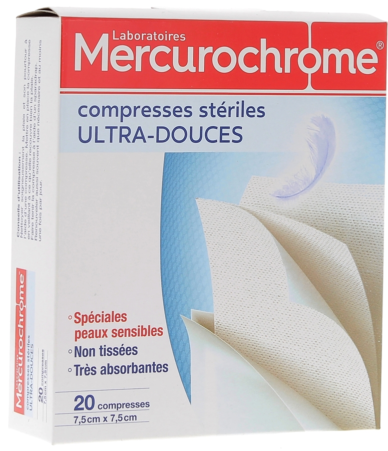 Compresses stériles ultra-douces Mercurochrome - Boite de 20 compresses