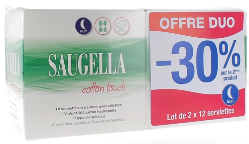Cotton Touch Serviettes extra-fines avec ailettes nuit Saugella - lot de 2 boîtes de 12 serviettes