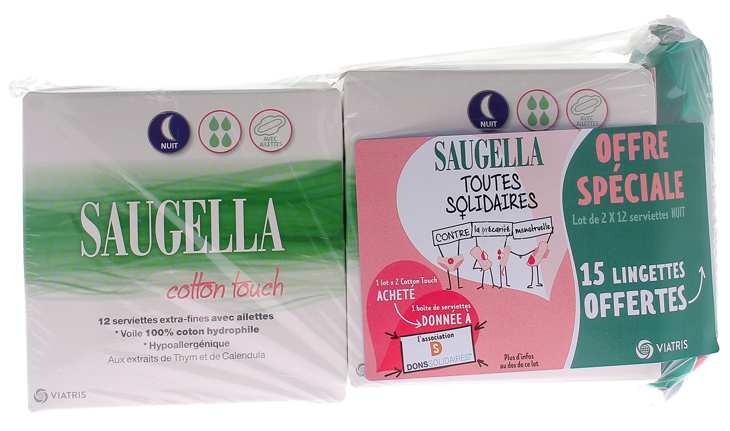Cotton touch serviette extra-fine avec ailettes nuit Saugella - lot de 2 boîtes de 12 serviettes + 15 lingettes offertes