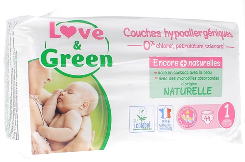 Couches hypoallergéniques taille 1 Love & Green - paquet de 44 couches