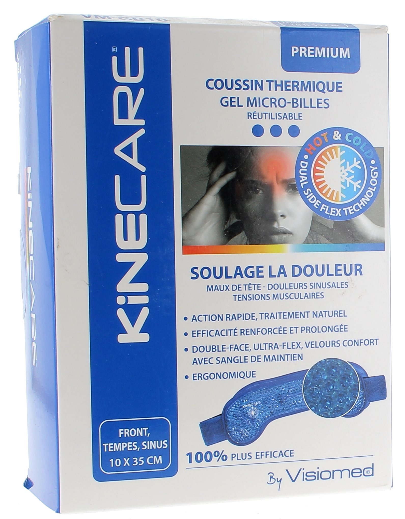 Coussin thermique chaud froid front tempes gel bille Kinecare - 10 x 35 cm