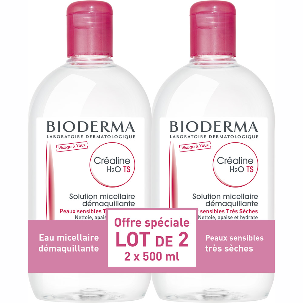 Eau micellaire Créaline TS H20 Bioderma - lot de 2 flacons de 500 ml