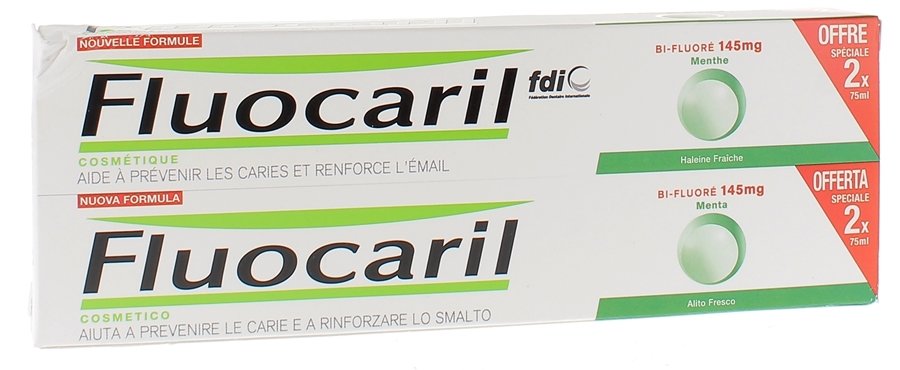 Dentifrice bi-fluoré 145 mg menthe Fluocaril - lot de 2 tubes de 75 ml