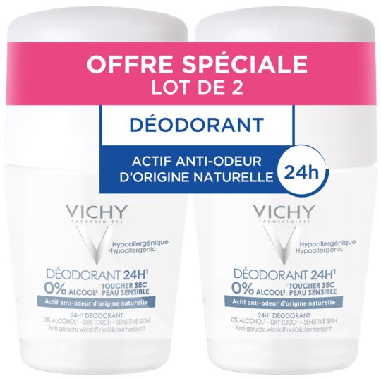 Déodorant 24h toucher sec peau sensible Vichy - lot de 2 roll-on bille de 50 ml