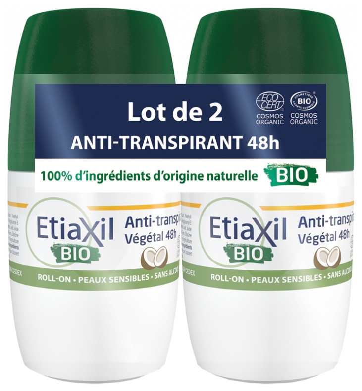 Déodorant anti-transpirant végétal bio parfum coco Etiaxil - lot de 2 roll-on de 50ml