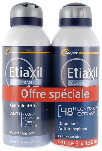 Déodorant homme anti-transpirant contrôle 48h Etiaxil - lot de 2 aérosols de 150 ml