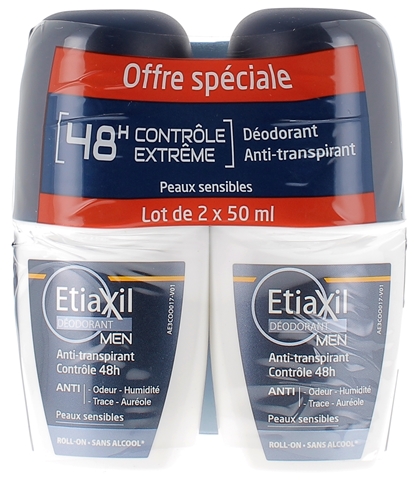 Déodorant homme anti-transpirant contrôle 48h Etiaxil - lot de 2 roll-on de 50ml