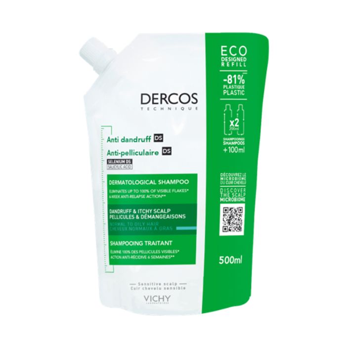 Dercos anti-pelliculaire shampooing traitant cheveux gras Vichy - éco-recharge de 500ml