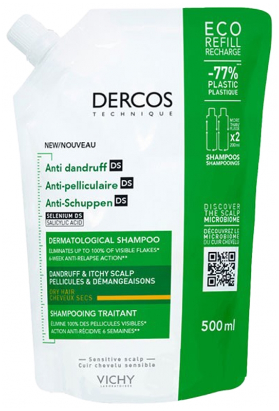 Dercos anti-pelliculaire shampooing traitant cheveux secs Vichy - éco-recharge de 500ml