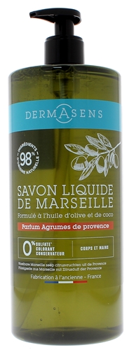 Dermasens Savon liquide de Marseille parfum agrumes de provence Marque Verte - flacon-pompe de 1L