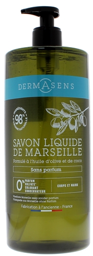 Dermasens Savon liquide de Marseille sans parfum Marque Verte - flacon-pompe de 1L