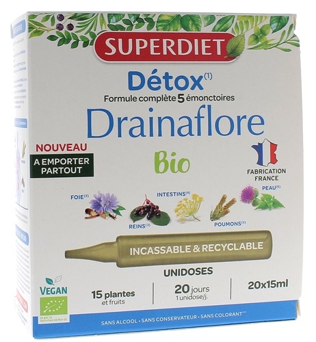 Drainaflore détox bio Superdiet - boîte de 20 unidoses de 15ml