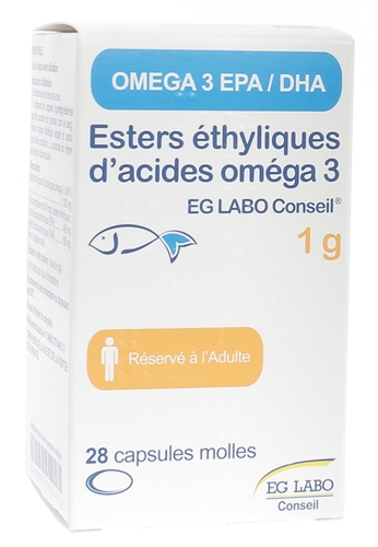 Omega 3 esters ethyliques d'acides 1g EG Labo Conseil - flacon de 28 capsules molles