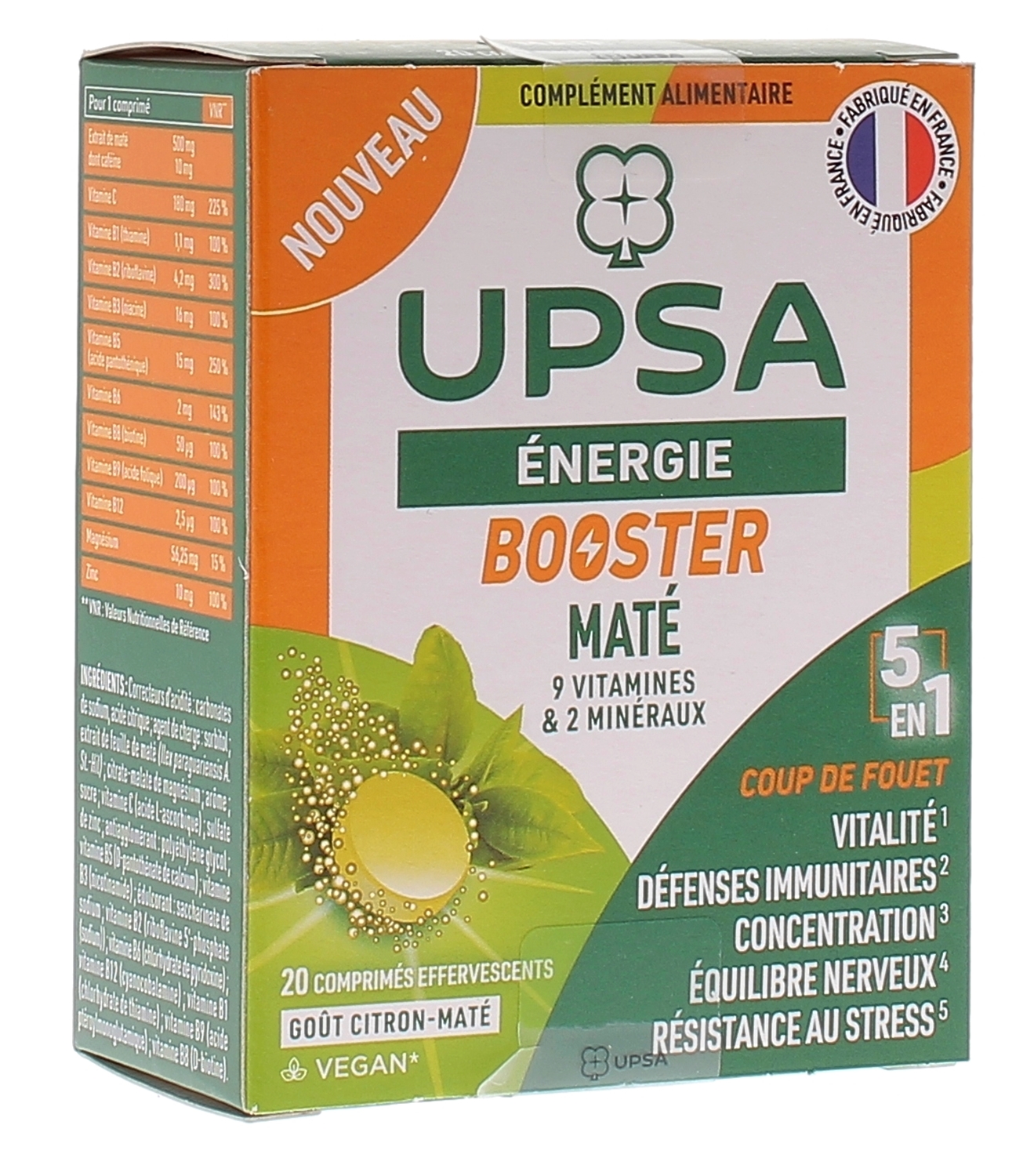 Energie Booster maté 5 en 1 UPSA - boîte de 20 comprimés effervescents