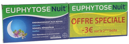 Euphytose Nuit sommeil mélatonine et passiflore - lot de 2 boîtes de 30 comprimés