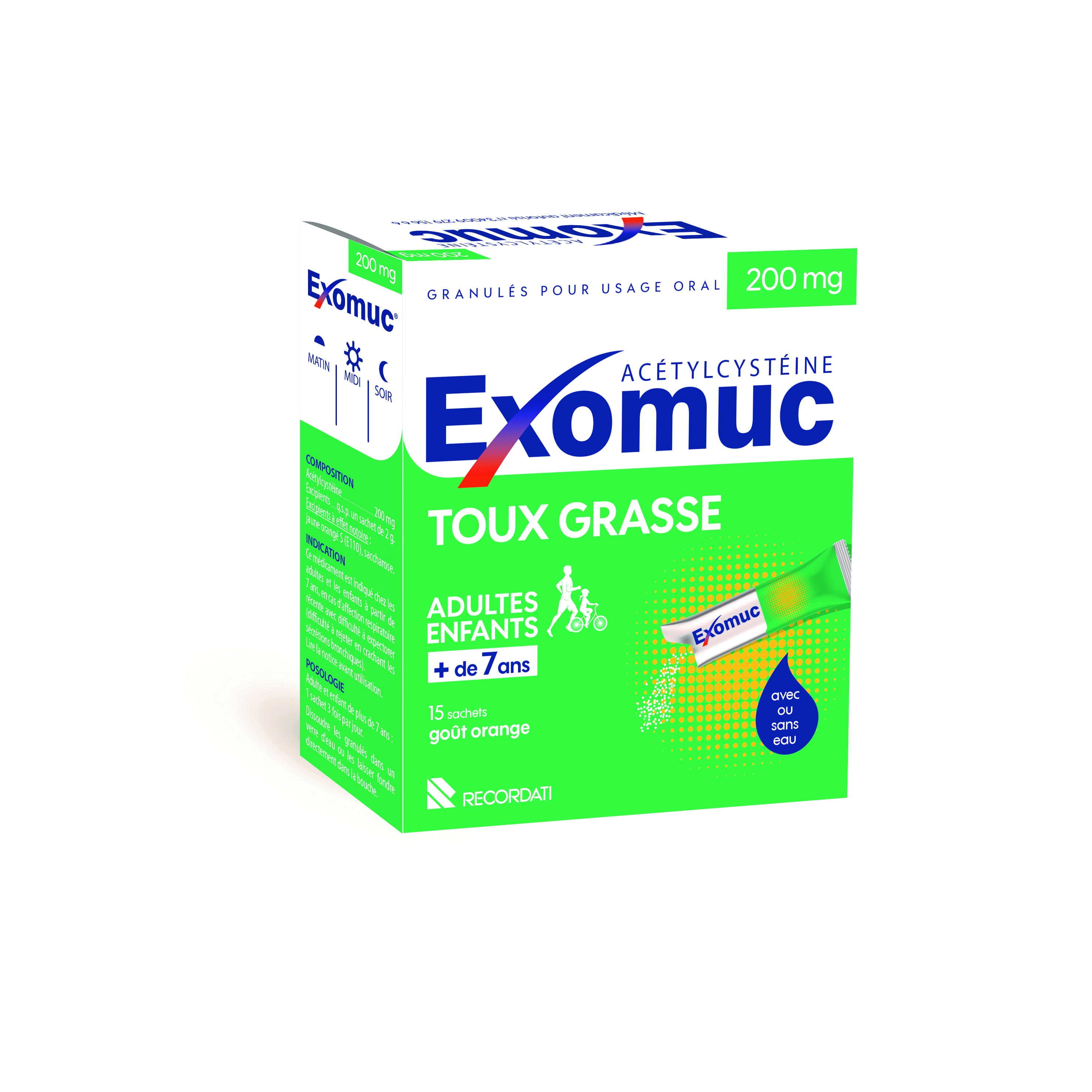 Exomuc 200 mg toux grasse goût orange - 15 sachets sans eau