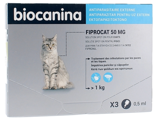 Fiprocat 50 mg Solution spot-on chats Biocanina - 3 pipettes de 0,5 ml