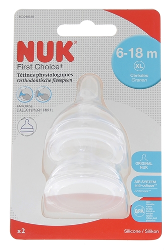 First Choice + Tétines physiologiques 6-18 mois taille XL céréales NUK -  tétines pour le lait ou céréales