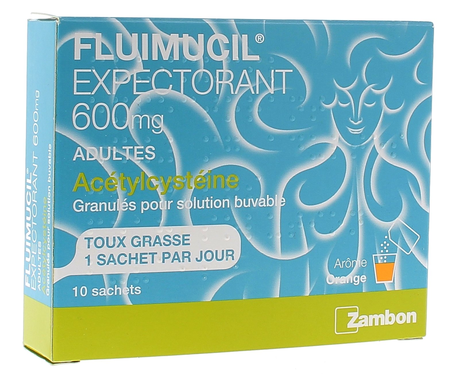 Fluimucil expectorant 600 mg toux grasse Zambon - 10 sachets arôme orange