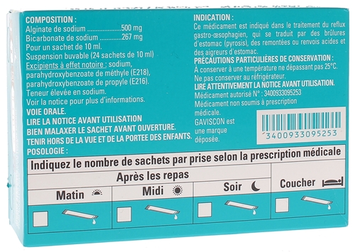 ALGINATE DE SODIUM/BICARBONATE DE SODIUM ARROW 500 mg/267 mg pour