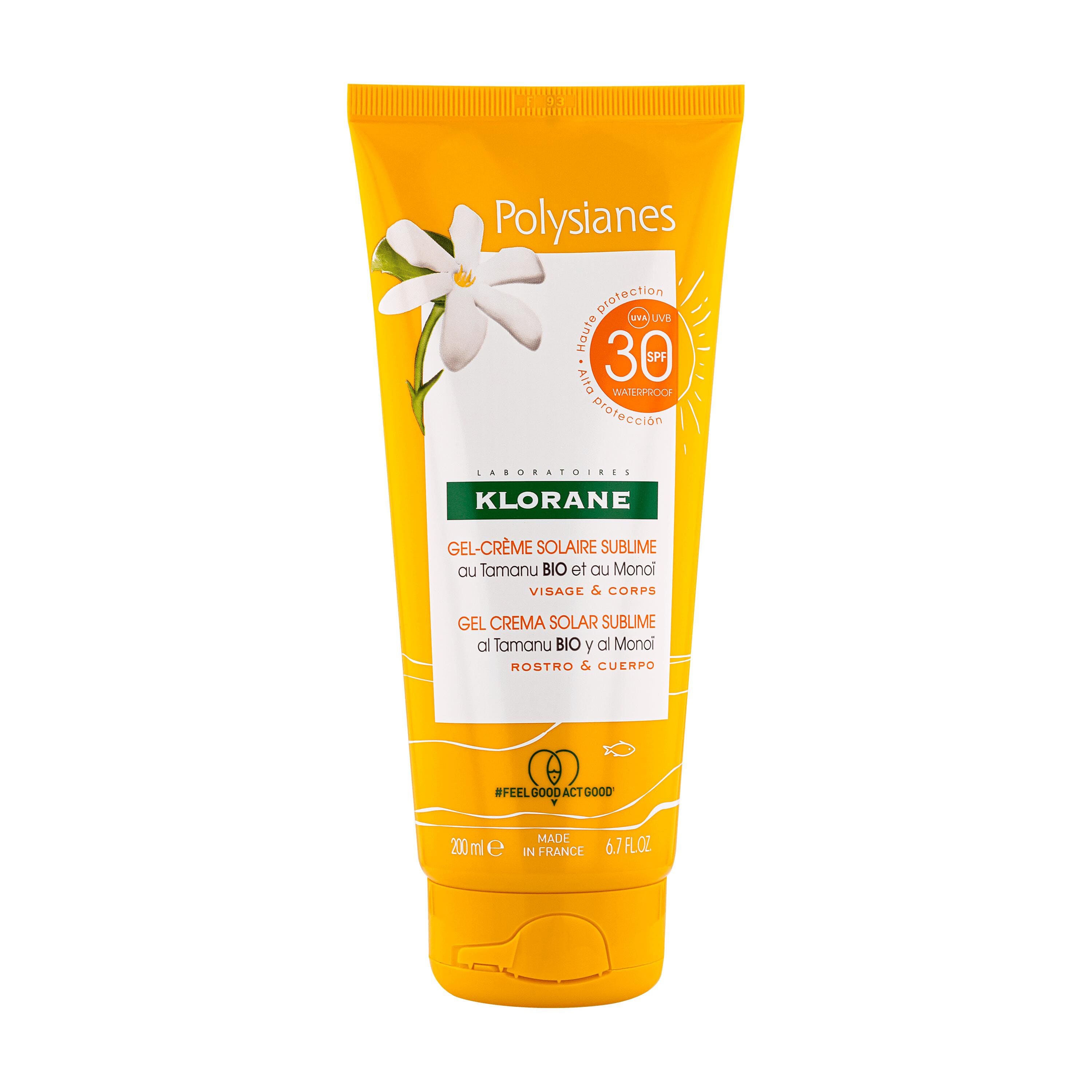 Gel-crème solaire sublime Polysianes visage et corps spf 30 Klorane - tube de 200 ml