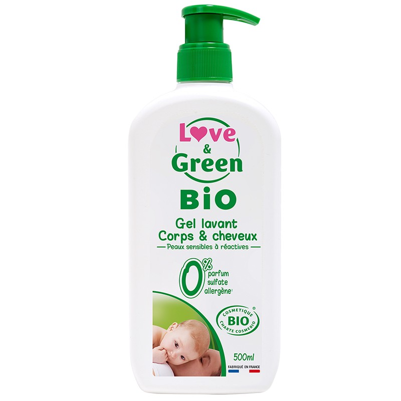 Gel lavant corps et cheveux bio Love & Green - flacon-pompe de 500 ml