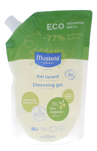 Gel lavant corps et cheveux sans parfum bio Mustela - éco-recharge de 400 ml