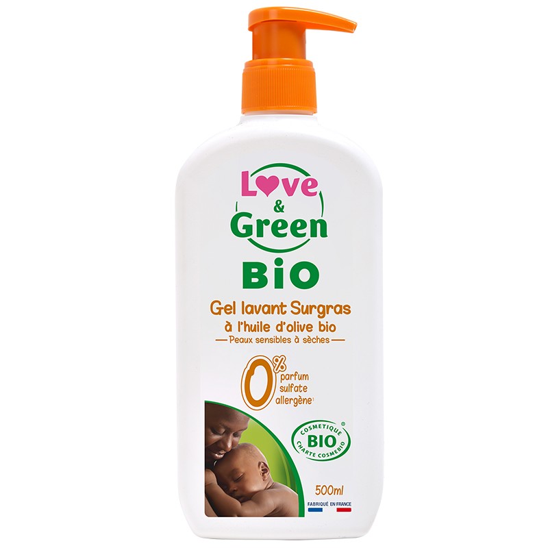 Gel lavant surgras à l'huile d'olive bio Love & Green - flacon-pompe de 500 ml