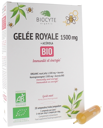 Gelée Royale 1500 mg + Acérola bio Biocyte - boîte de 20 ampoules