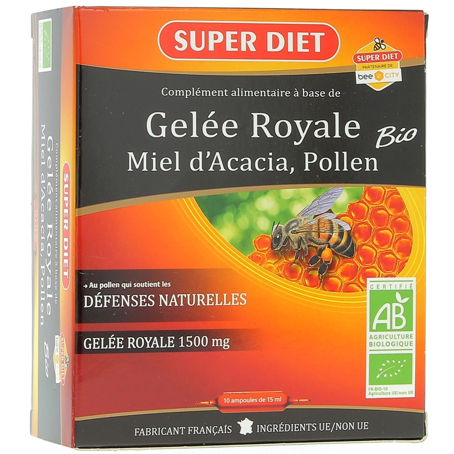 Gelée Royale Bio 1500 mg Super Diet - 10 ampoules de 15 ml