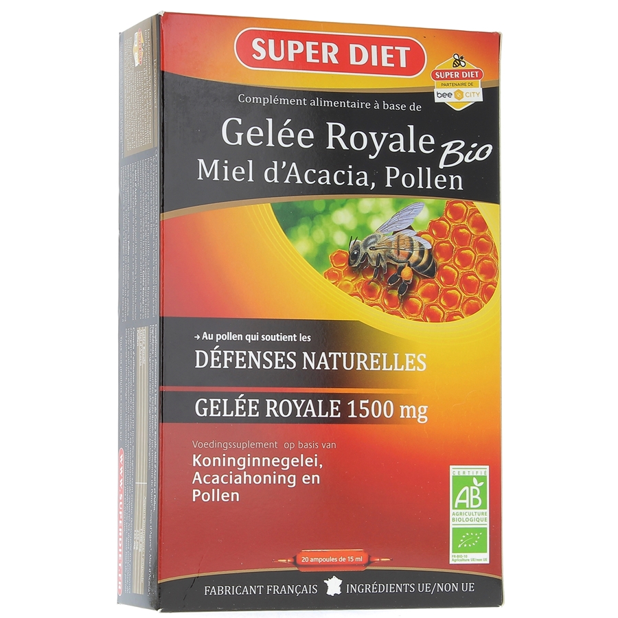 Gelée Royale Bio 1500 mg miel d'acacia pollen Super Diet - 20 ampoules de 15 ml
