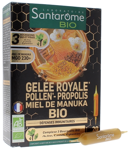 Gelée royale pollen propolis miel de Manuka bio Santarome - boîte de 20 ampoules