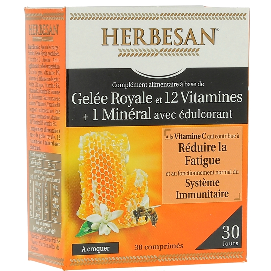 Complément alimentaire à base de gelée royale, 12 vitamines + 1 minéral Herbesan - boite de 30 comprimés à croquer