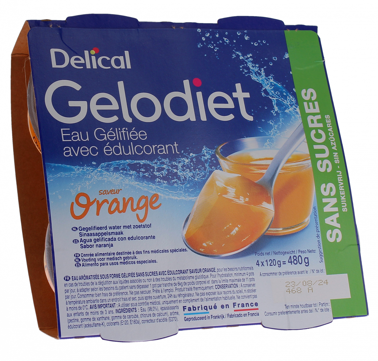 Gelodiet Eau gélifiée avec édulcorant saveur orange Delical - lot de 4 pots de 120g