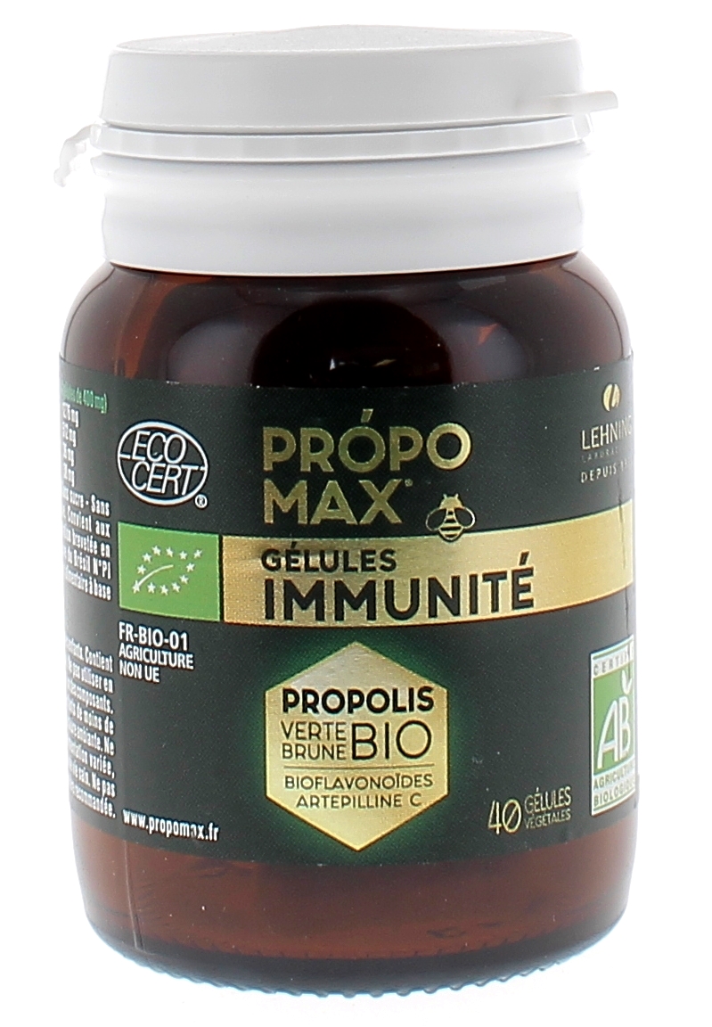 Gélules immunité propomax extrait de propolis bio Lehning - flacon de 40 gélules