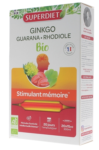 Ginkgo guarana rhodiole bio stimulant mémoire Super Diet - boîte de 20 ampoules