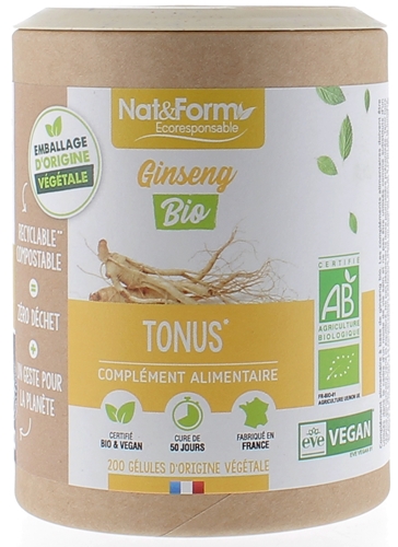 Ginseng Bio Ecoresponsable Nat&Form - Boite de 200 gélules