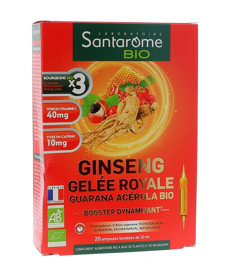 Ginseng gelée royale Guarana Acérola Santarome Bio - 20 ampoules