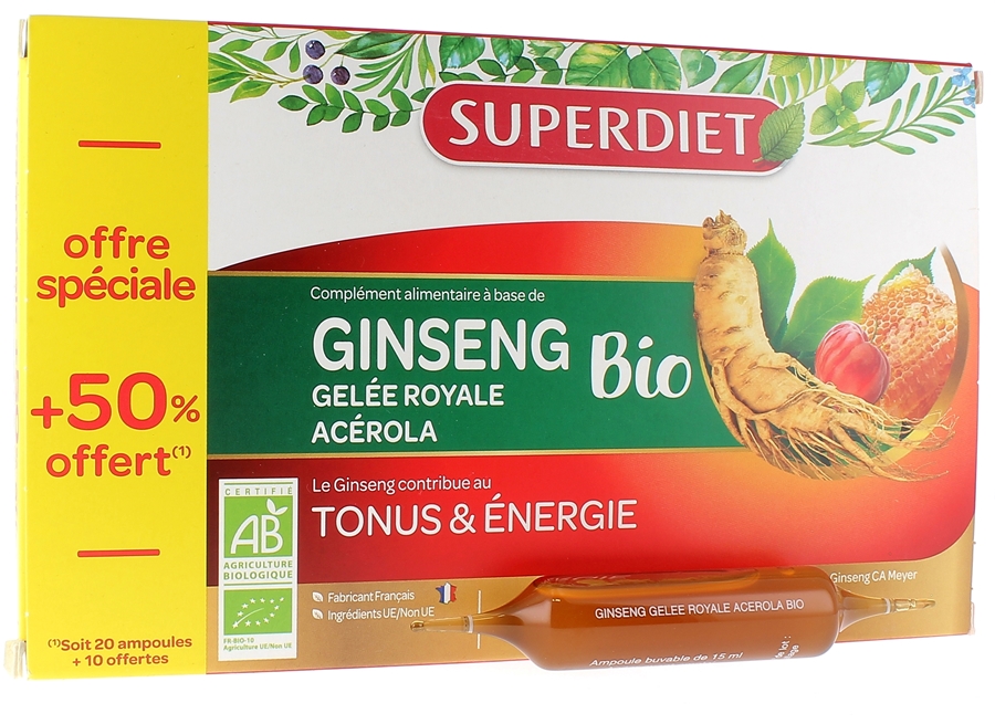 Ginseng gelée royale et acérola Bio Super Diet - boite de 20 ampoules + 10 ampoules offertes