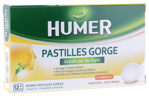 Pastilles gorge goût orange Humer - boite de 24 pastilles