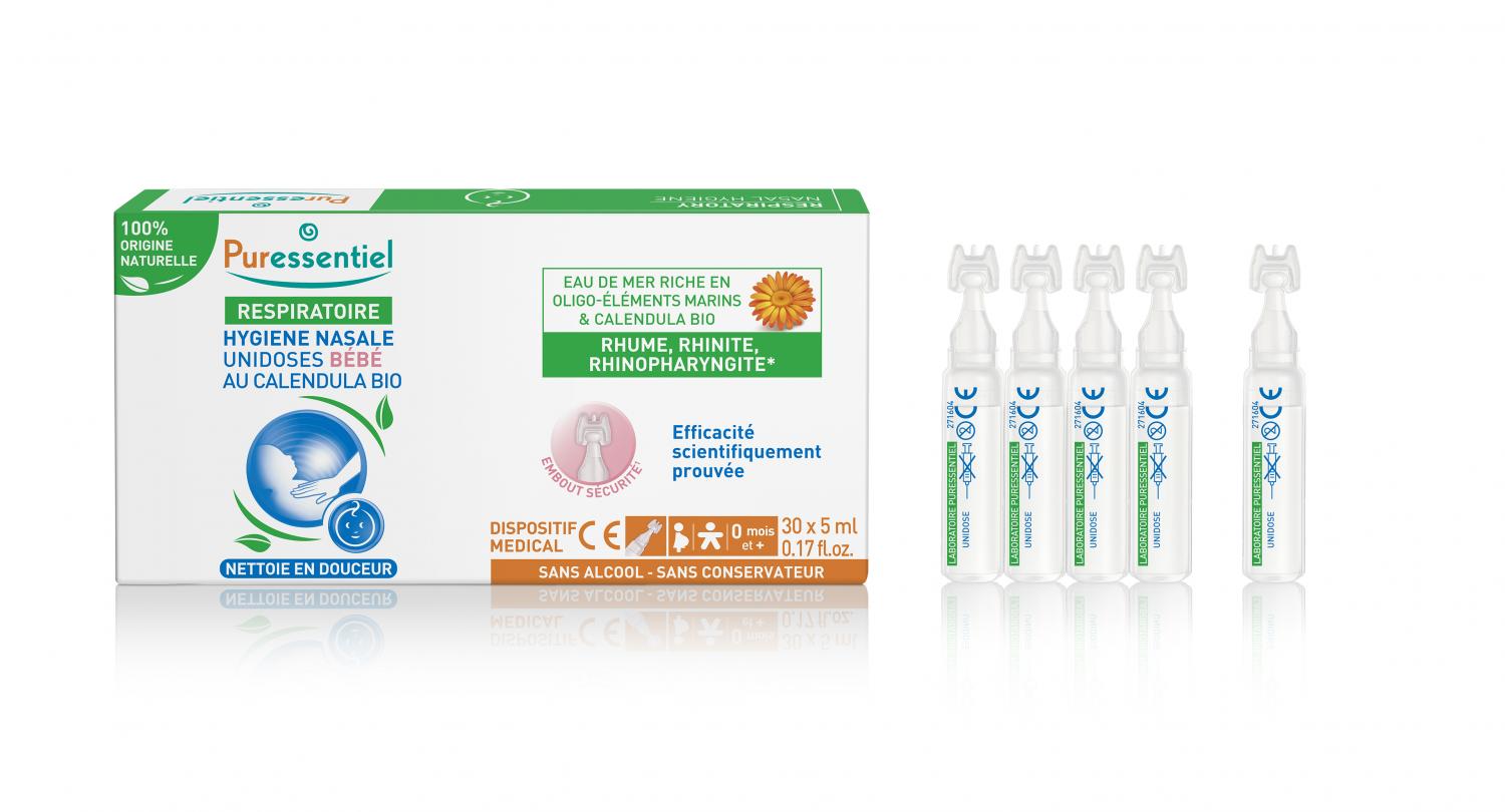 Hygiène nasale unidoses bébé au calendula bio Puressentiel - boîte de 30 unidoses de 5ml