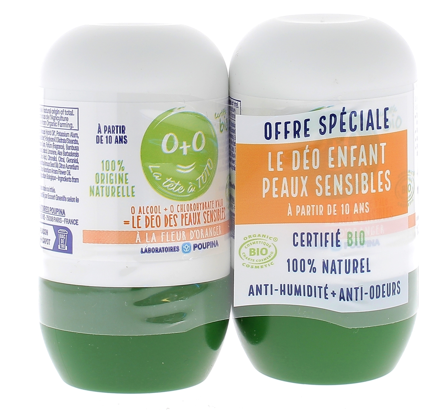 La Tête à Toto Déodorant enfant 48h peaux sensibles fleur d'oranger bio Poupina - lot de 2 roll-on de 50 ml