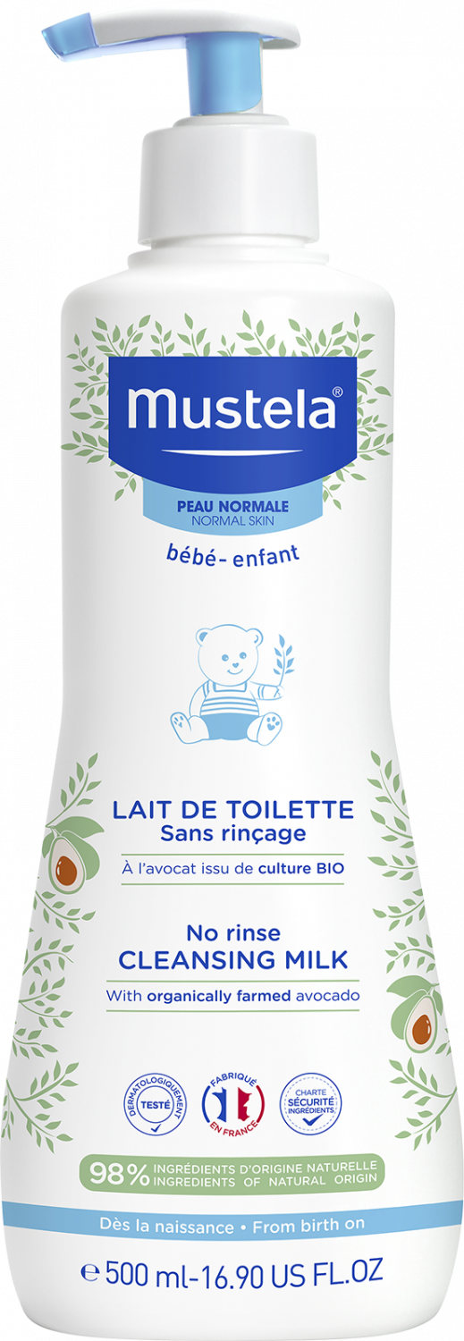 Lait de toilette sans rinçage peau normale bébé et enfant Mustela - flacon-pompe de 500 ml