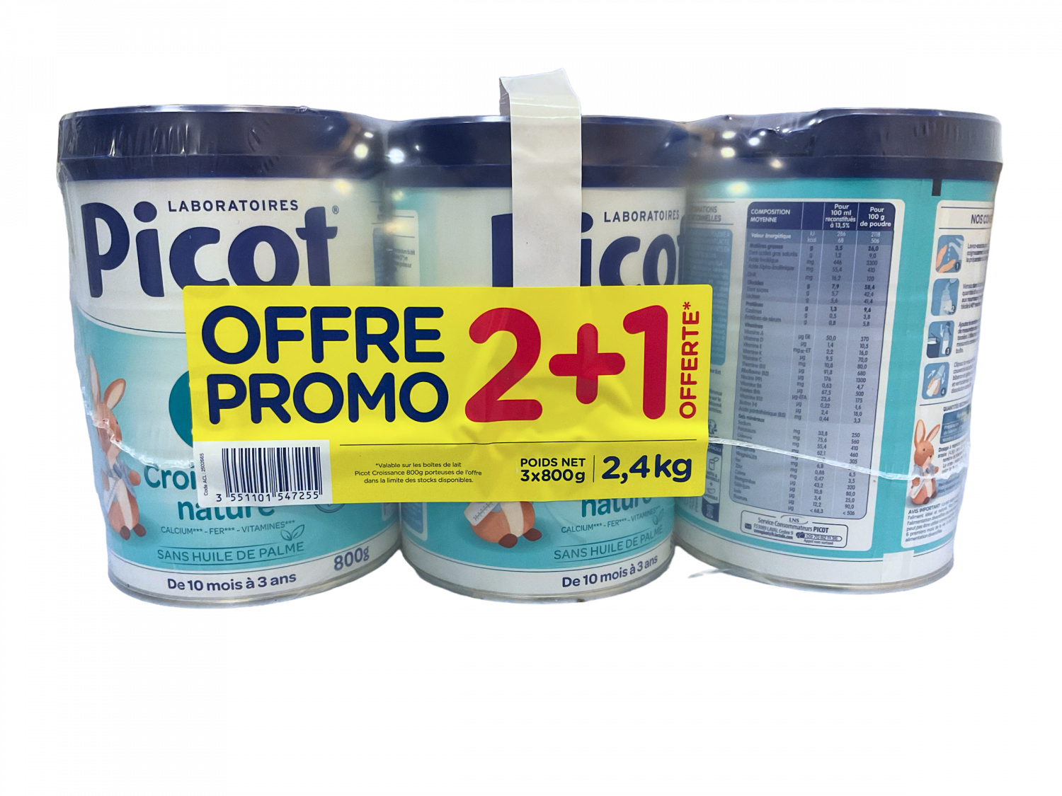 Lait poudre 3ème âge croissance nature Picot - lot de 3 boîtes de 800g