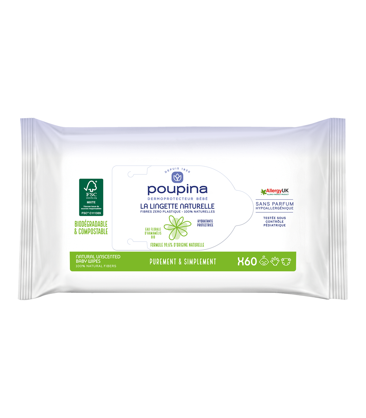 Lingette naturelle Poupina - paquet de 60 lingettes